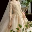 Chic / Beautiful Champagne See-through Wedding Dresses 2020 Ball Gown Scoop Neck 3/4 Sleeve Backless Glitter Tulle Appliques Lace Beading Cathedral Train Ruffle