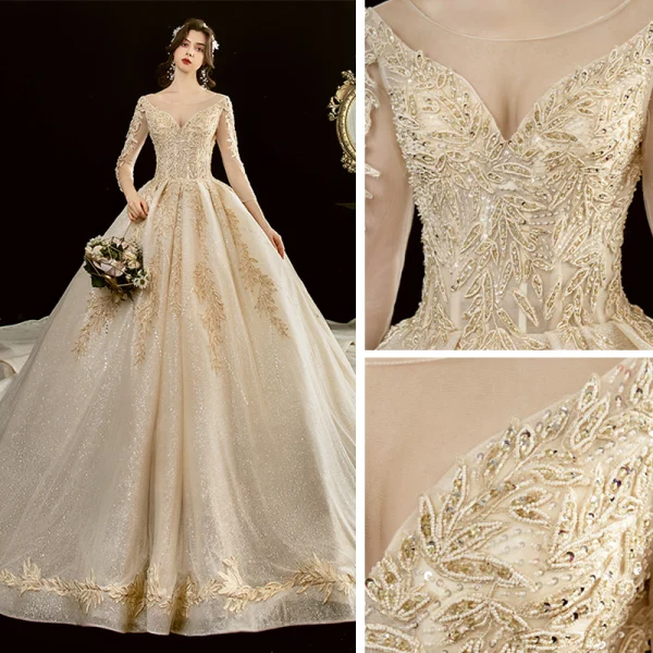 Chic / Beautiful Champagne See-through Wedding Dresses 2020 Ball Gown Scoop Neck 3/4 Sleeve Backless Glitter Tulle Appliques Lace Beading Cathedral Train Ruffle
