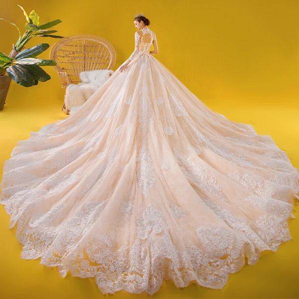 Vintage / Originale Champagne Transparentes Robe De Mariée 2020 Princesse Col Haut 3/4 Manches Dos Nu Appliques En Dentelle Perlage Royal Train Volants