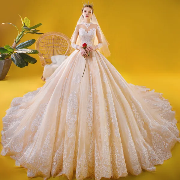 Vintage / Originale Champagne Transparentes Robe De Mariée 2020 Princesse Col Haut 3/4 Manches Dos Nu Appliques En Dentelle Perlage Royal Train Volants