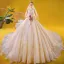 Vintage / Originale Champagne Transparentes Robe De Mariée 2020 Princesse Col Haut 3/4 Manches Dos Nu Appliques En Dentelle Perlage Royal Train Volants