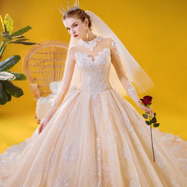 Vintage / Originale Champagne Transparentes Robe De Mariée 2020 Princesse Col Haut 3/4 Manches Dos Nu Appliques En Dentelle Perlage Royal Train Volants