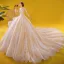 Vintage / Originale Champagne Transparentes Robe De Mariée 2020 Princesse Col Haut 3/4 Manches Dos Nu Appliques En Dentelle Perlage Royal Train Volants