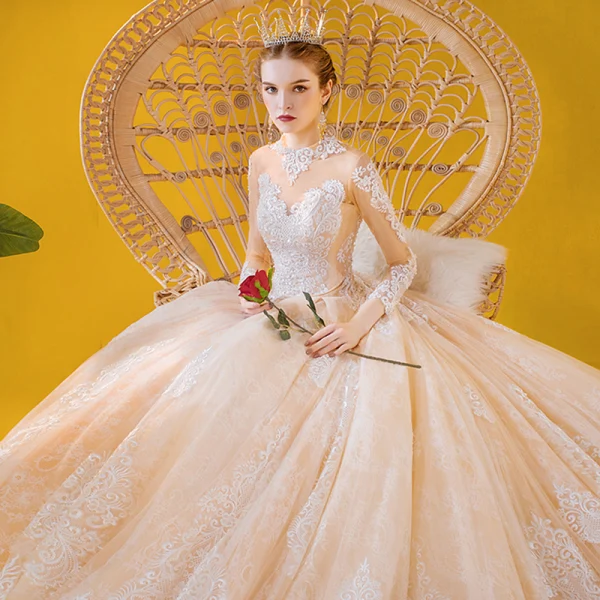 Vintage / Originale Champagne Transparentes Robe De Mariée 2020 Princesse Col Haut 3/4 Manches Dos Nu Appliques En Dentelle Perlage Royal Train Volants