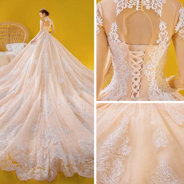 Vintage / Originale Champagne Transparentes Robe De Mariée 2020 Princesse Col Haut 3/4 Manches Dos Nu Appliques En Dentelle Perlage Royal Train Volants