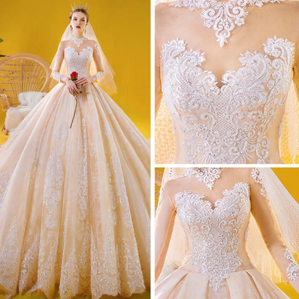 Vintage / Originale Champagne Transparentes Robe De Mariée 2020 Princesse Col Haut 3/4 Manches Dos Nu Appliques En Dentelle Perlage Royal Train Volants