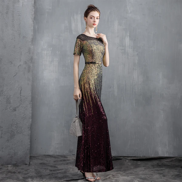 Sparkly Gold Sequins Evening Dresses 2020 Trumpet / Mermaid Scoop Neck Short Sleeve Metal Sash Floor-Length / Long Formal Dresses