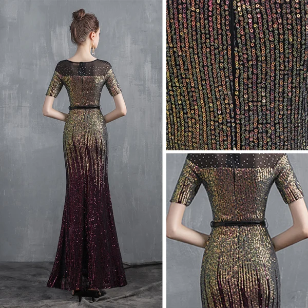 Sparkly Gold Sequins Evening Dresses 2020 Trumpet / Mermaid Scoop Neck Short Sleeve Metal Sash Floor-Length / Long Formal Dresses