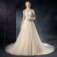 Elegant Champagne See-through Wedding Dresses 2020 A-Line / Princess Scoop Neck 3/4 Sleeve Backless Appliques Lace Beading Court Train Ruffle