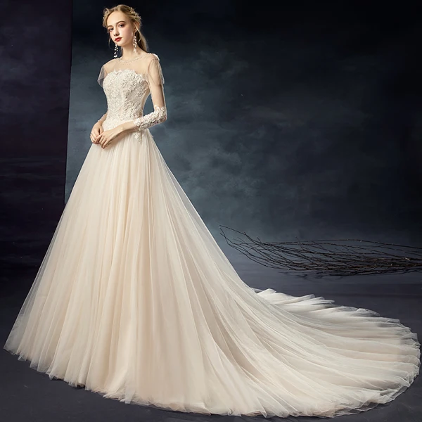 Elegant Champagne See-through Wedding Dresses 2020 A-Line / Princess Scoop Neck 3/4 Sleeve Backless Appliques Lace Beading Court Train Ruffle