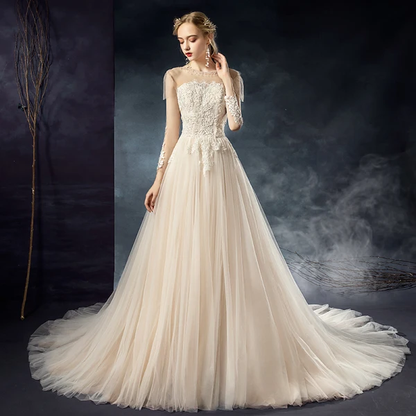 Elegant Champagne See-through Wedding Dresses 2020 A-Line / Princess Scoop Neck 3/4 Sleeve Backless Appliques Lace Beading Court Train Ruffle