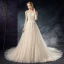 Elegant Champagne See-through Wedding Dresses 2020 A-Line / Princess Scoop Neck 3/4 Sleeve Backless Appliques Lace Beading Court Train Ruffle
