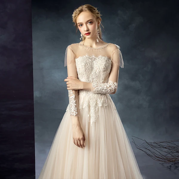 Elegant Champagne See-through Wedding Dresses 2020 A-Line / Princess Scoop Neck 3/4 Sleeve Backless Appliques Lace Beading Court Train Ruffle