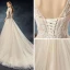 Elegant Champagne See-through Wedding Dresses 2020 A-Line / Princess Scoop Neck 3/4 Sleeve Backless Appliques Lace Beading Court Train Ruffle