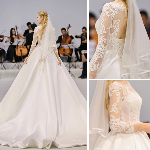 Chic / Belle Ivoire Satin Transparentes Robe De Mariée 2020 Princesse Encolure Dégagée 3/4 Manches Dos Nu Appliques En Dentelle Cathedral Train Volants
