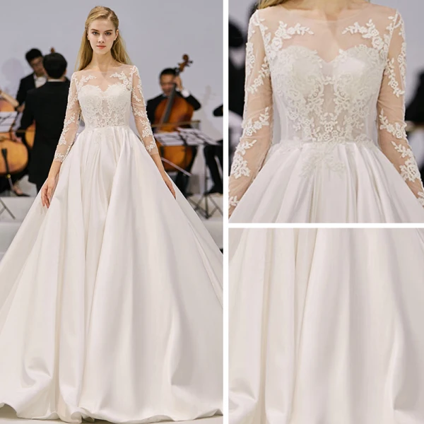 Chic / Belle Ivoire Satin Transparentes Robe De Mariée 2020 Princesse Encolure Dégagée 3/4 Manches Dos Nu Appliques En Dentelle Cathedral Train Volants