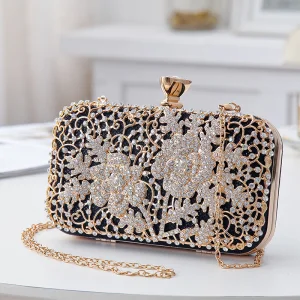 Moda Czarne Złote Kopertówki 2020 Metal Rhinestone Wieczorowe Akcesoria