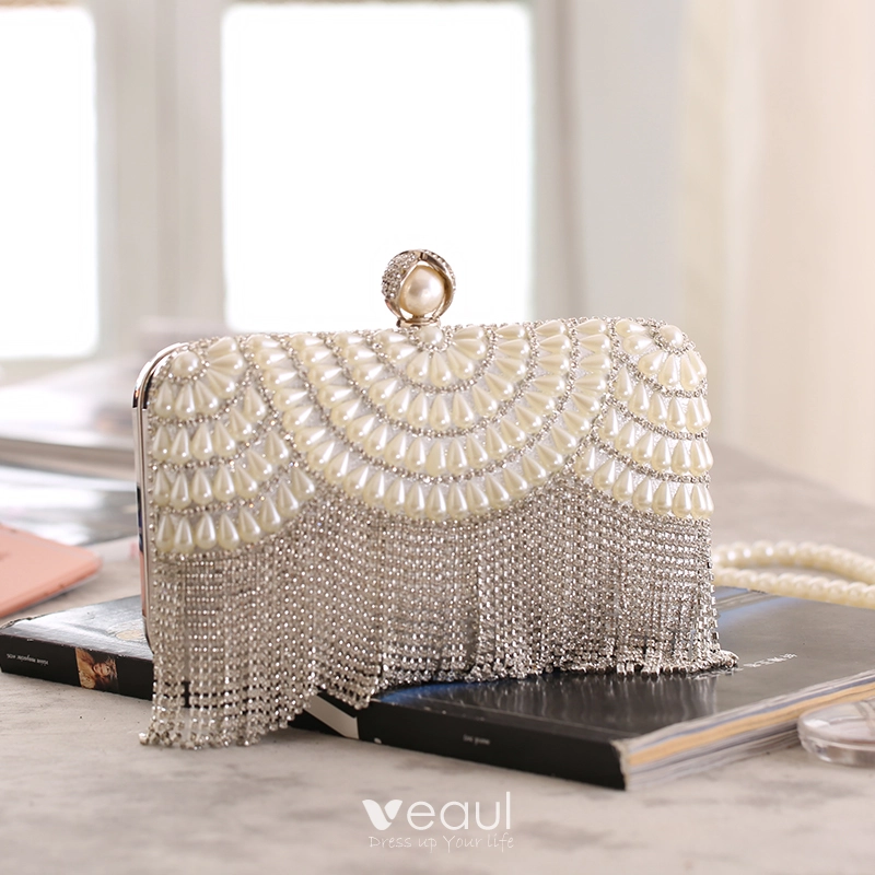 Fashion Silver Patent Leather Rhinestone Tassel Clutch Bags 2020 Metal Pearl Evening