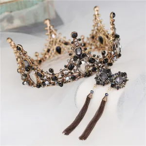 Vintage Barokowy Czarne Rhinestone Biżuteria Ślubna 2020 Metal Tiara Kutas Kolczyki Ozdoby Do Włosów Ślubne