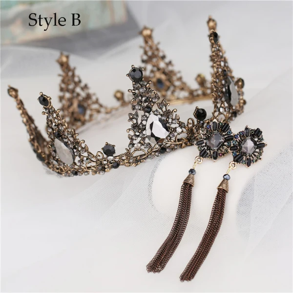 Vintage / Retro Baroque Black Rhinestone Bridal Jewelry 2020 Metal Tiara Tassel Earrings Bridal Hair Accessories