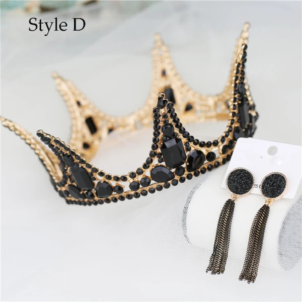 Vintage / Retro Baroque Black Rhinestone Bridal Jewelry 2020 Metal Tiara Tassel Earrings Bridal Hair Accessories
