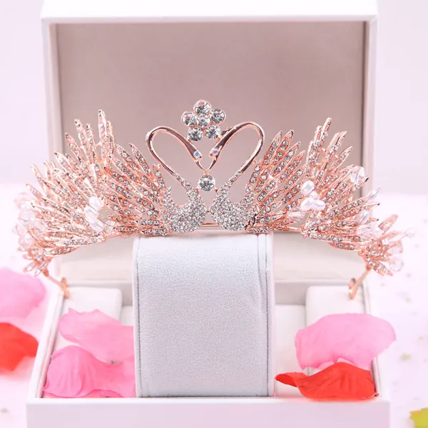 Amazing / Unique Rose Gold Bridal Hair Accessories 2020 Metal Rhinestone Tiara Wedding Accessories