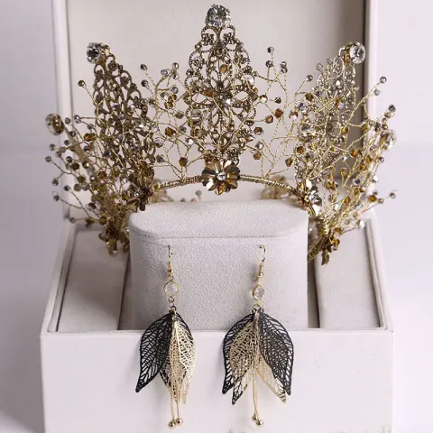 Vintage Barocke Bronze Brautschmuck 2020 Legierung Strass Perlenstickerei Diadem Ohrringe Hochzeit Brautaccessoires