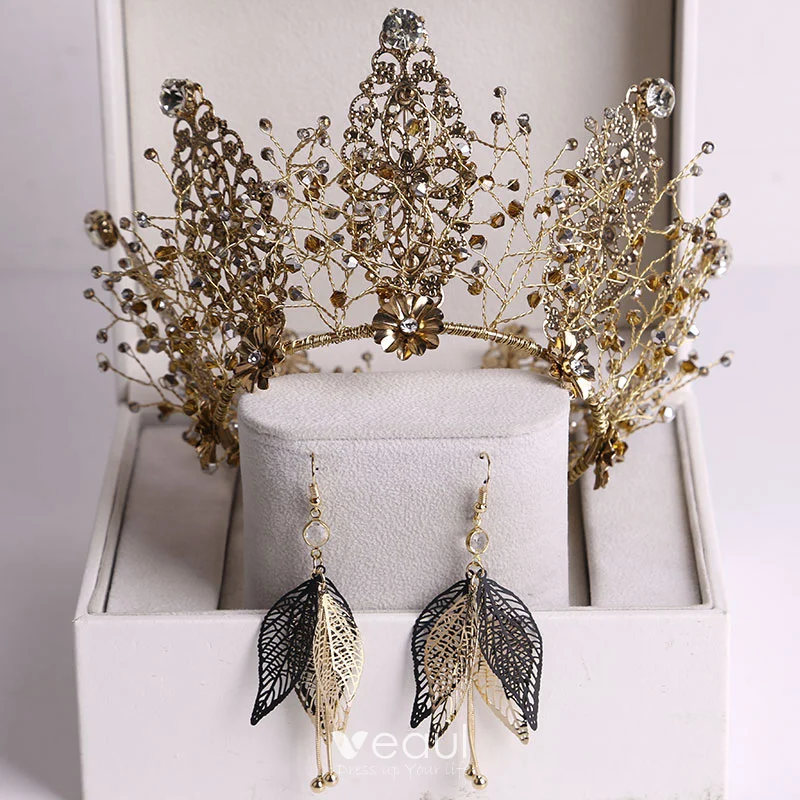 Vintage Retro Baroque Bronze Bridal Jewelry 2020 Alloy Rhinestone Beading Tiara Earrings Wedding Accessories