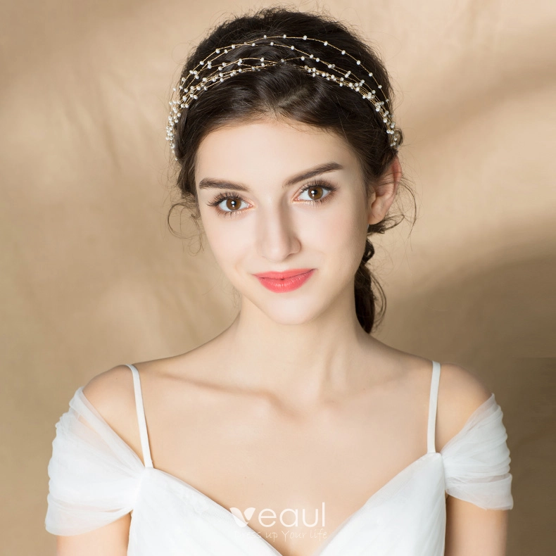 Elegant Gold Headbands Bridal Hair Accessories 2020 Alloy Lace up Pearl Headpieces Wedding Accessories