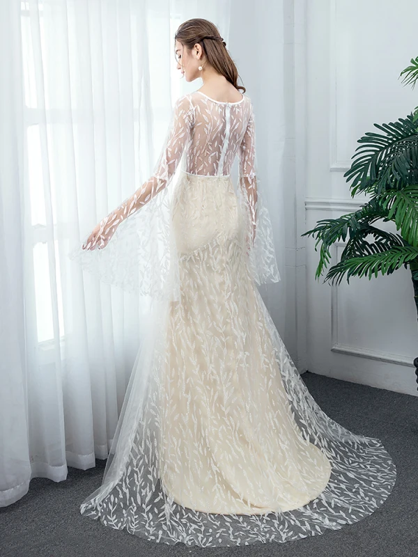 Elegant Champagne See-through Beach Wedding Dresses 2020 A-Line / Princess Deep V-Neck Bell sleeves Glitter Tulle Sweep Train Ruffle Elegant Champagne See-through Beach Wedding Dresses 2020 A-Line / Princess Deep V-Neck Bell sleeves Glitter Tulle Sweep Train Ruffle