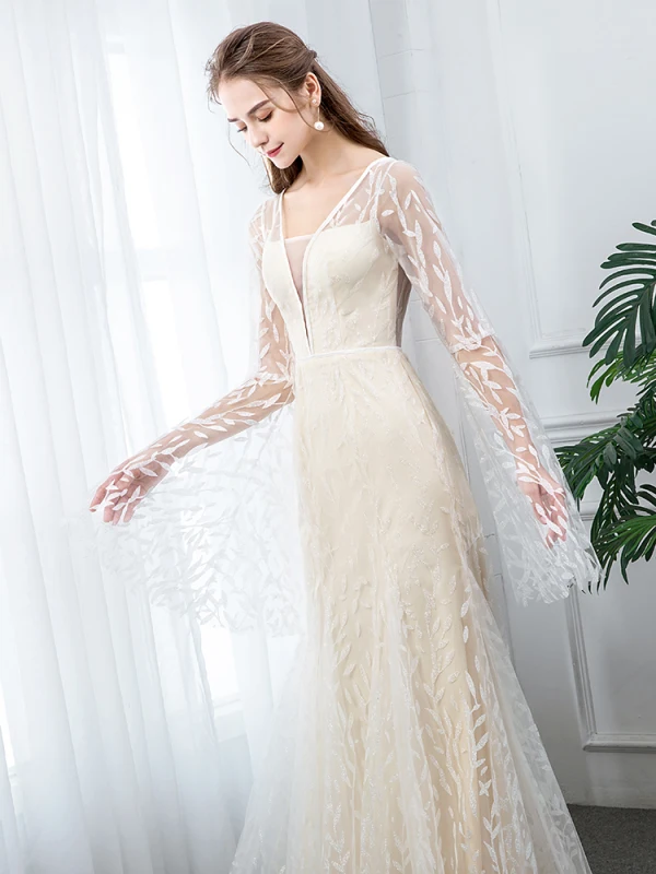 bridesmaid dresses after six Boho Wedding Dress 2020 V Neck Cap Sleeve Lace Beach Wedding Gown – TANYA  BRIDAL main image 0