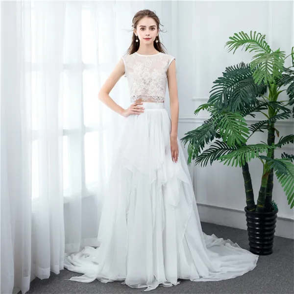 2 Piece Ivory Chiffon Wedding Dresses 2020 A-Line / Princess Scoop Neck Sleeveless Sweep Train Ruffle