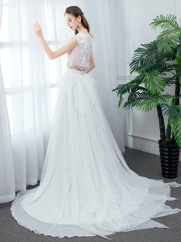 navy blue dress for baby girl White Chiffon Wedding Dresses Sweep Train A-Line Princess High Neck Bridal  Gowns main image 0
