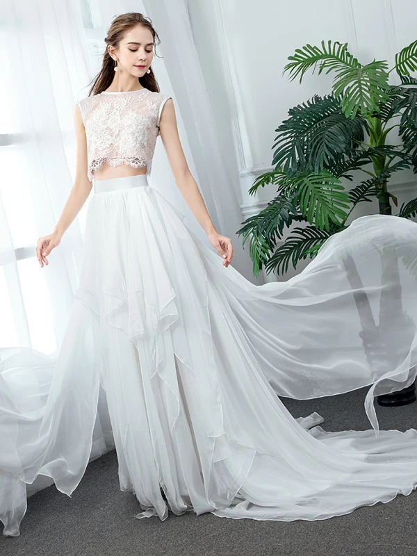 2 Piece Ivory Chiffon Wedding Dresses 2020 A-Line / Princess Scoop Neck Sleeveless Sweep Train Ruffle