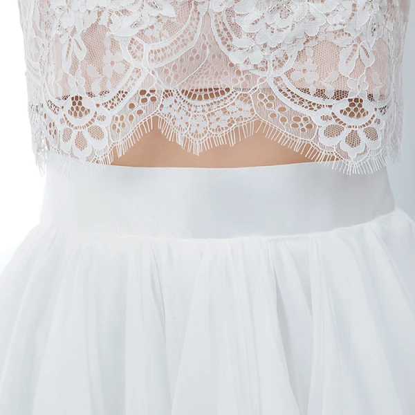 2 Piece Ivory Chiffon Wedding Dresses 2020 A-Line / Princess Scoop Neck Sleeveless Sweep Train Ruffle
