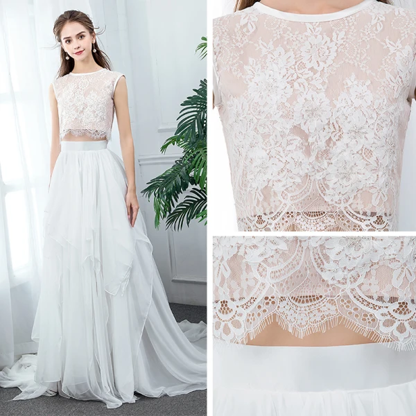 2 Piece Ivory Chiffon Wedding Dresses 2020 A-Line / Princess Scoop Neck Sleeveless Sweep Train Ruffle