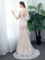 Chic / Beautiful Outdoor / Garden Champagne Lace Wedding Dresses 2020 Trumpet / Mermaid V-Neck Short Sleeve Backless Pearl Sash Sweep Train Ruffle