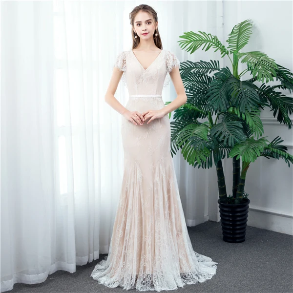 Chic / Beautiful Outdoor / Garden Champagne Lace Wedding Dresses 2020 Trumpet / Mermaid V-Neck Short Sleeve Backless Pearl Sash Sweep Train Ruffle