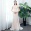 Chic / Beautiful Outdoor / Garden Champagne Lace Wedding Dresses 2020 Trumpet / Mermaid V-Neck Short Sleeve Backless Pearl Sash Sweep Train Ruffle