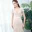 Chic / Beautiful Outdoor / Garden Champagne Lace Wedding Dresses 2020 Trumpet / Mermaid V-Neck Short Sleeve Backless Pearl Sash Sweep Train Ruffle