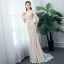 Chic / Beautiful Outdoor / Garden Champagne Lace Wedding Dresses 2020 Trumpet / Mermaid V-Neck Short Sleeve Backless Pearl Sash Sweep Train Ruffle