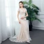 Chic / Beautiful Outdoor / Garden Champagne Lace Wedding Dresses 2020 Trumpet / Mermaid V-Neck Short Sleeve Backless Pearl Sash Sweep Train Ruffle