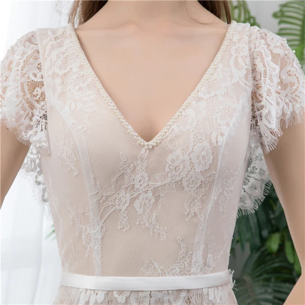 Chic / Beautiful Outdoor / Garden Champagne Lace Wedding Dresses 2020 Trumpet / Mermaid V-Neck Short Sleeve Backless Pearl Sash Sweep Train Ruffle