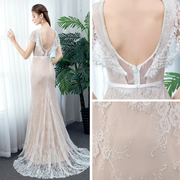 Chic / Beautiful Outdoor / Garden Champagne Lace Wedding Dresses 2020 Trumpet / Mermaid V-Neck Short Sleeve Backless Pearl Sash Sweep Train Ruffle