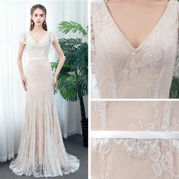 Chic / Beautiful Outdoor / Garden Champagne Lace Wedding Dresses 2020 Trumpet / Mermaid V-Neck Short Sleeve Backless Pearl Sash Sweep Train Ruffle