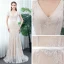 Chic / Beautiful Outdoor / Garden Champagne Lace Wedding Dresses 2020 Trumpet / Mermaid V-Neck Short Sleeve Backless Pearl Sash Sweep Train Ruffle
