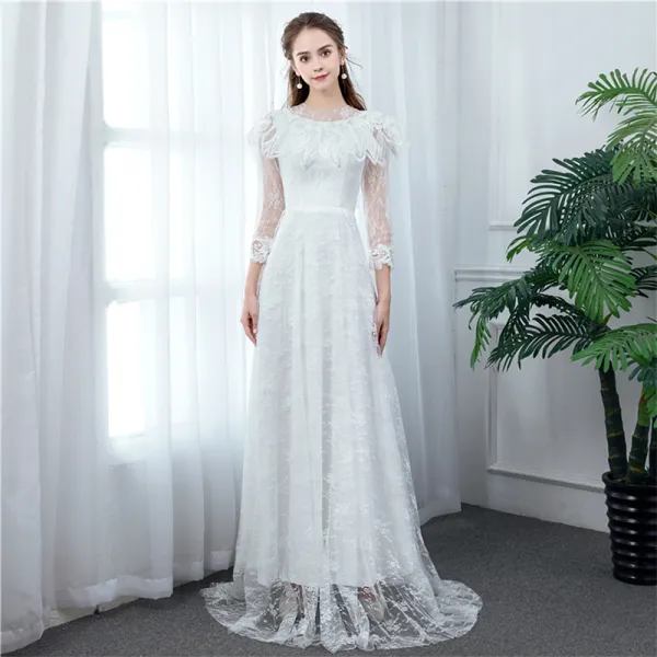 Chic / Beautiful Ivory Beach Wedding Dresses 2020 A-Line / Princess High Neck See-through 3/4 Sleeve Appliques Lace Floor-Length / Long Ruffle