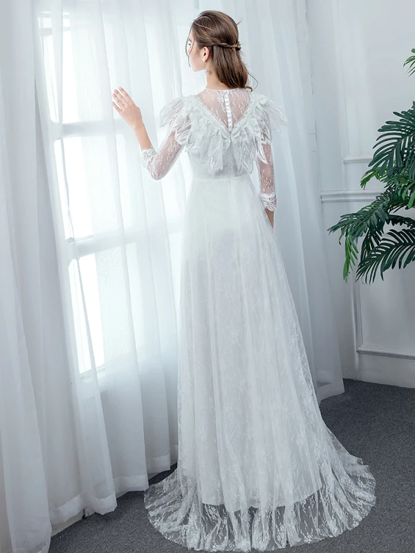Chic / Belle Ivoire Plage Robe De Mariée 2020 Princesse Col Haut Transparentes 3/4 Manches Appliques En Dentelle Longue Volants
