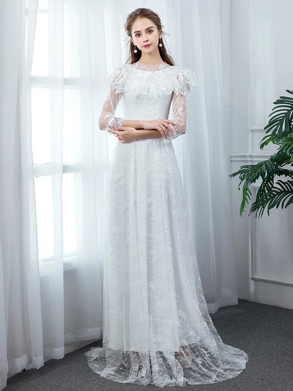 Chic / Beautiful Ivory Beach Wedding Dresses 2020 A-Line / Princess High Neck See-through 3/4 Sleeve Appliques Lace Floor-Length / Long Ruffle