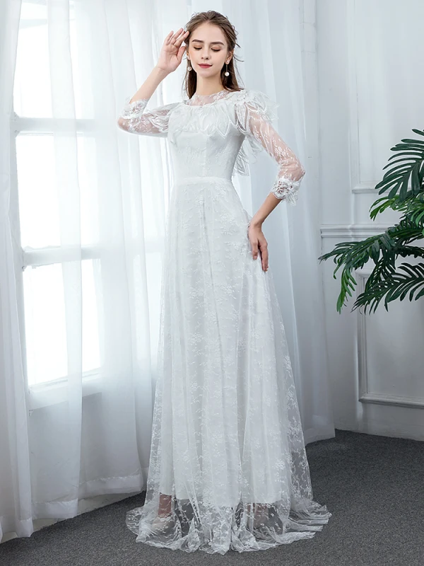 Chic / Belle Ivoire Plage Robe De Mariée 2020 Princesse Col Haut Transparentes 3/4 Manches Appliques En Dentelle Longue Volants